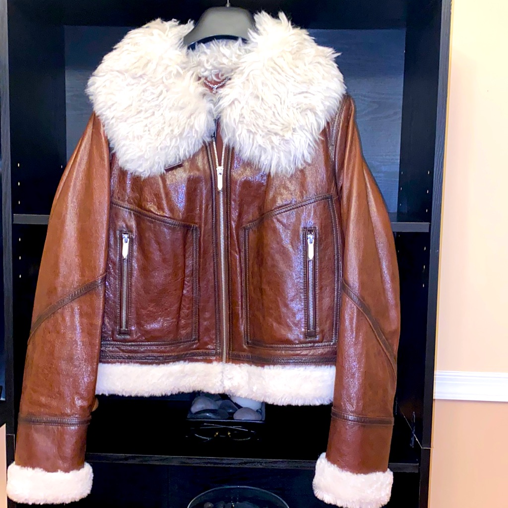 Bcbgmaxazria Leather/Sherling Cognac Color Jacket Brand New With Tags Size L.